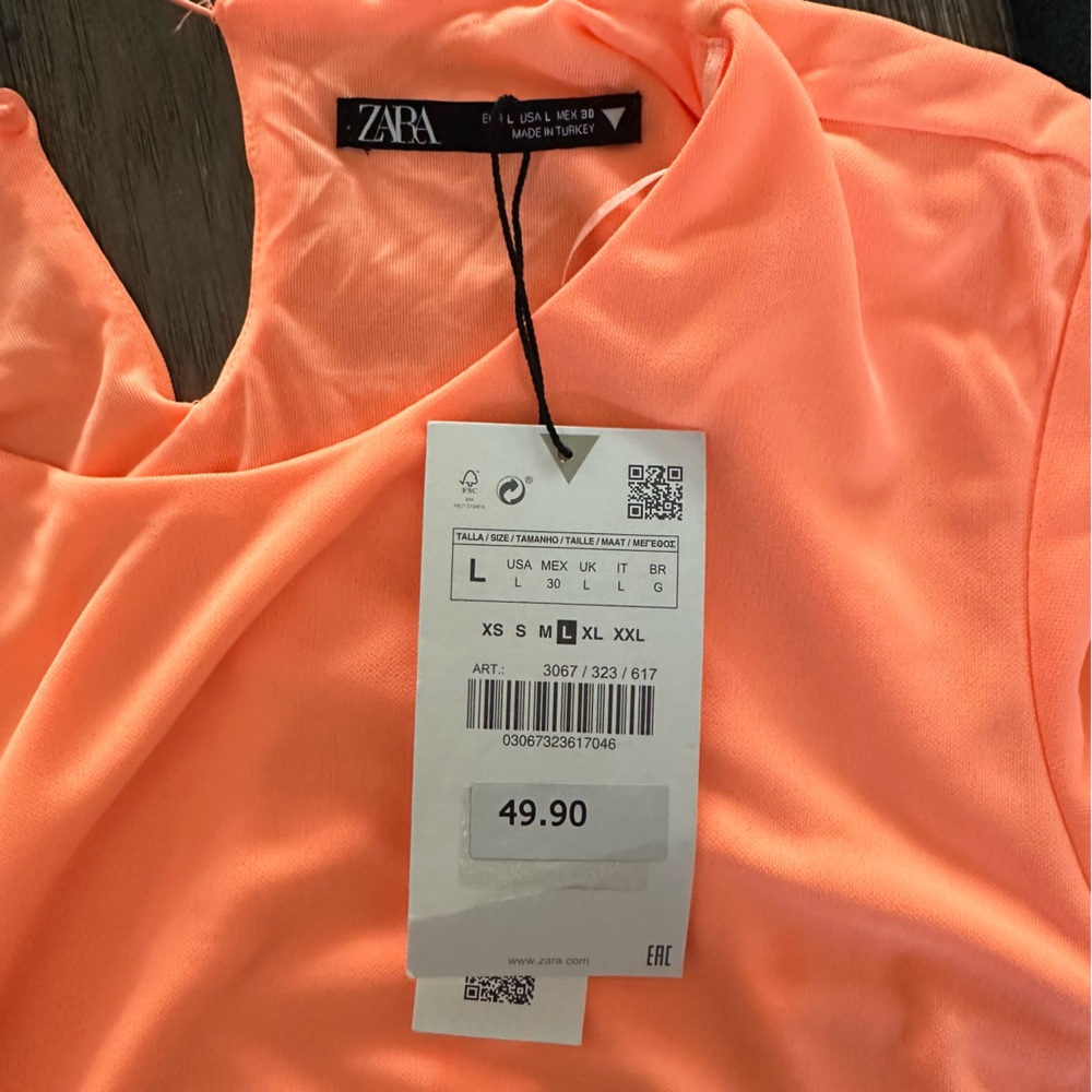 Zara Neon Orange Draped Dress - Size LARGE - Picture 5 of 8